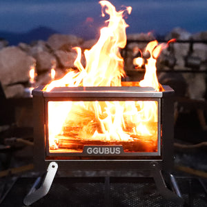 GGUBUS Full Stainless Dual Stove 全体画像　ガラスパネル越しの美しい炎の様子