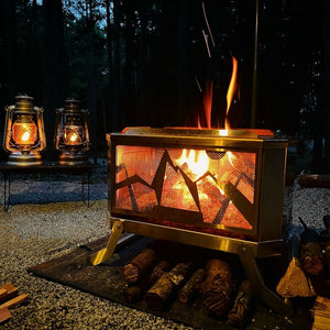 GGUBUS Full Stainless Dual Stove メッシュパネルから見える美しい焚き火の様子